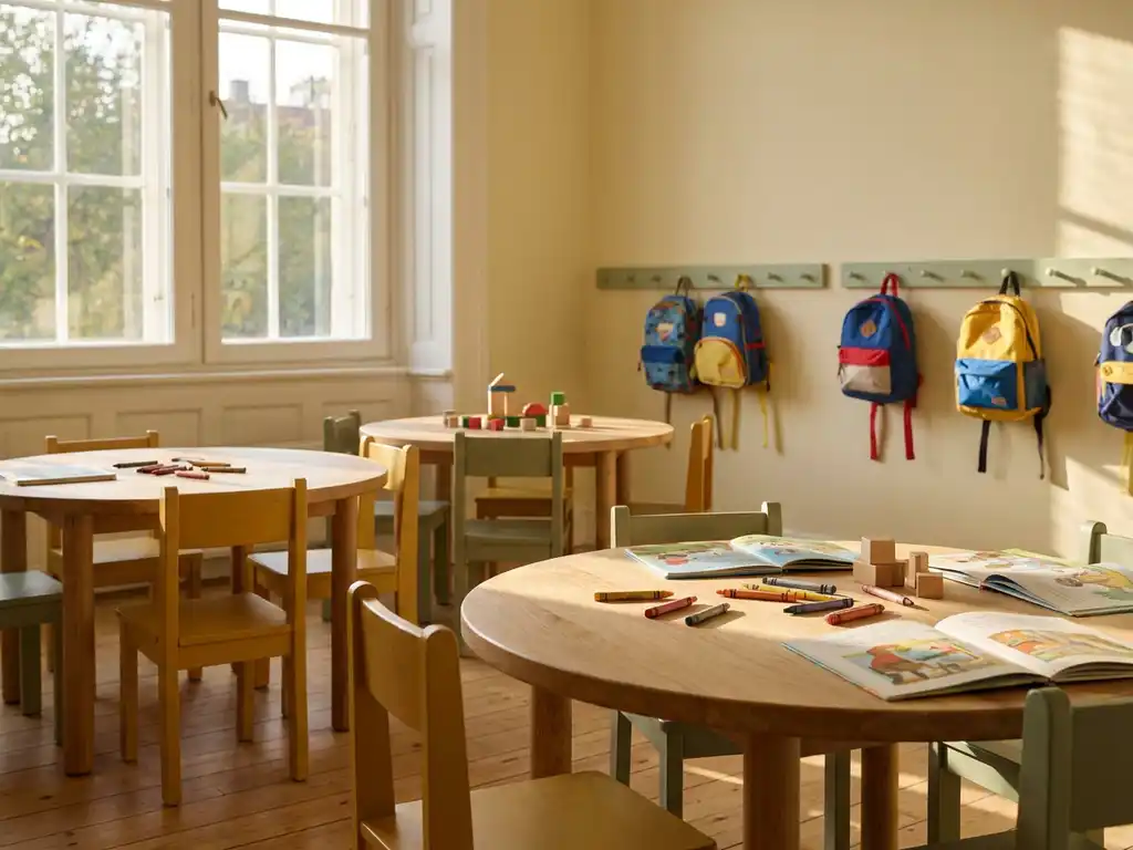 Kleurrijke BSO-speelruimte met houten stoeltjes, lage tafels met krijtjes en blokken, en felgekleurde rugzakken aan haakjes langs een pastelkleurige muur.