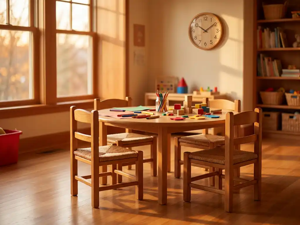 Lege BSO-speelkamer met kleine houten stoeltjes rond een ronde tafel met knutselspullen en blokken, warm middagzonlicht door grote ramen.