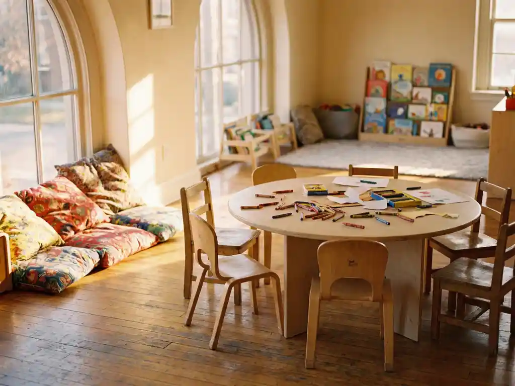 Kleurrijke BSO-speelkamer met houten stoeltjes, knutseltafel vol krijtjes en leeshoek met prentenboeken in warm middaglicht.