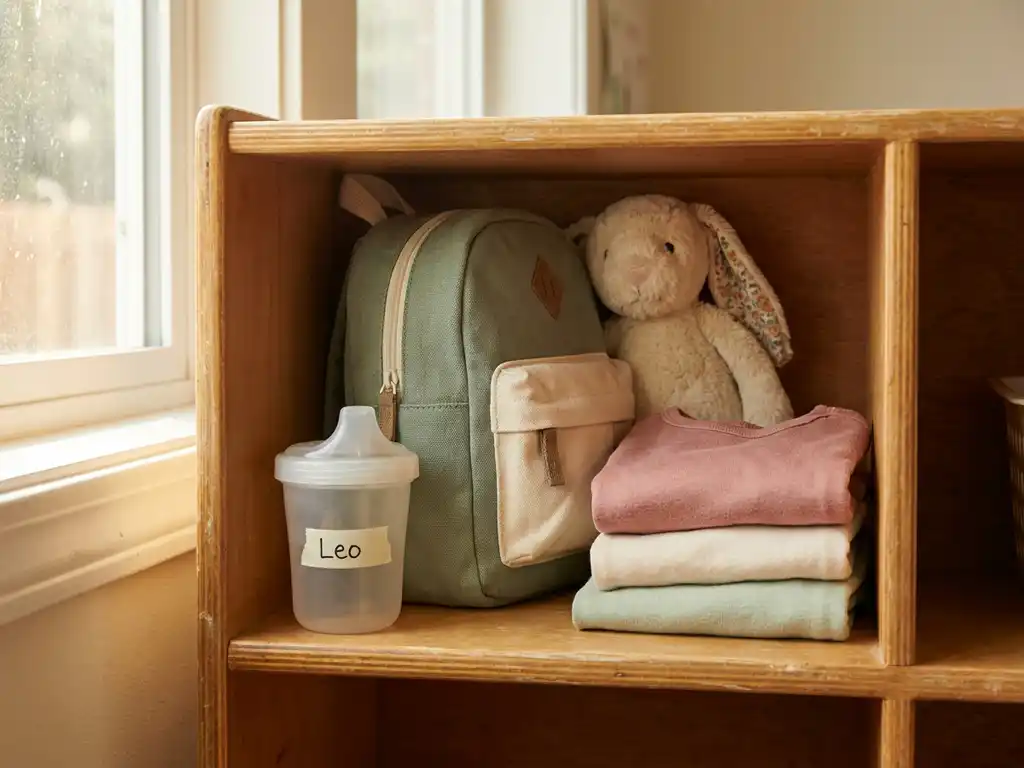 Houten vakje met ingepakte peuterrugzak, gelabelde drinkbeker, pastelkleurig reservesetje en knuffel in warme kinderdagverblijfomgeving.