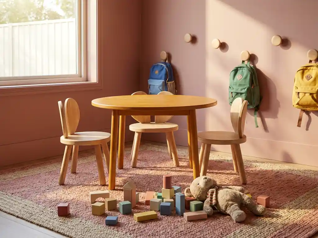 Gezellige kinderopvanghoek met houten stoeltjes, kleurrijke blokken en een knuffeldier op een geweven speelmat in warm middaglicht.