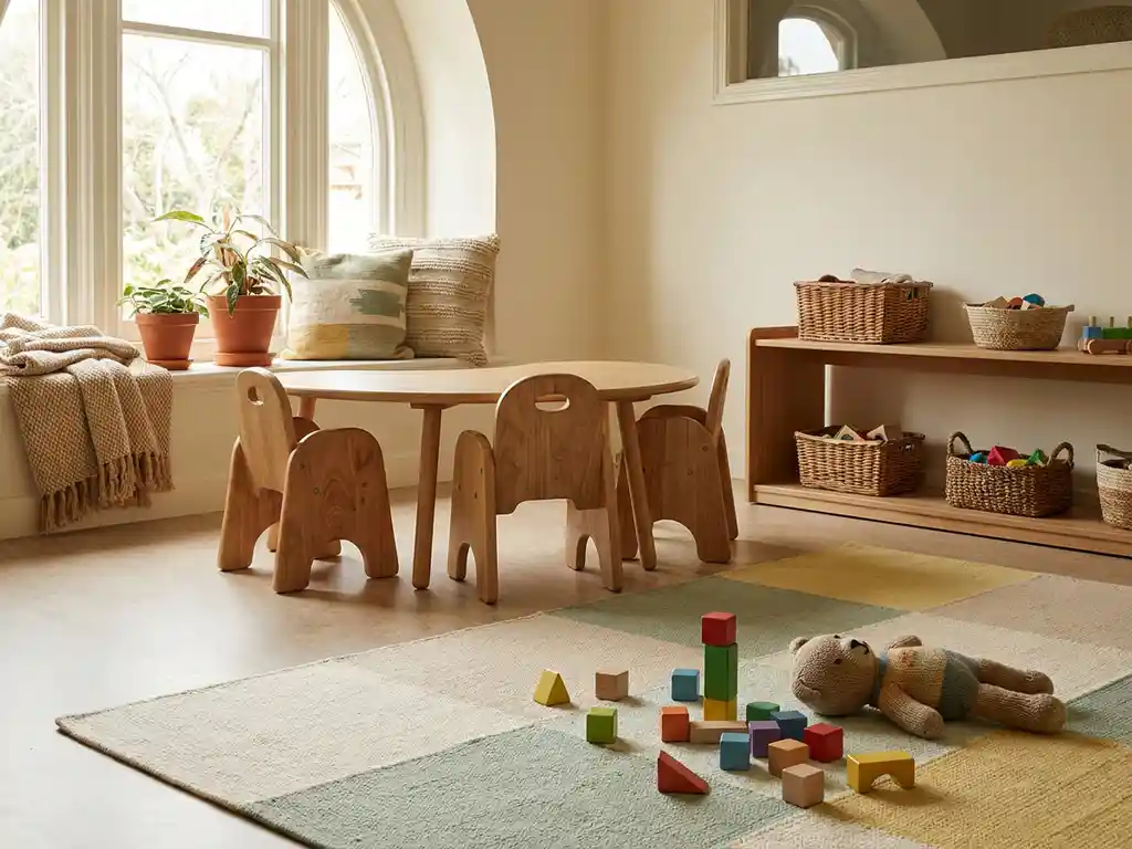 Lege peuterspeelzaal met houten stoeltjes, kleurrijke blokken en een knuffel op een pastelkleurig speelkleed in warm middaglicht.