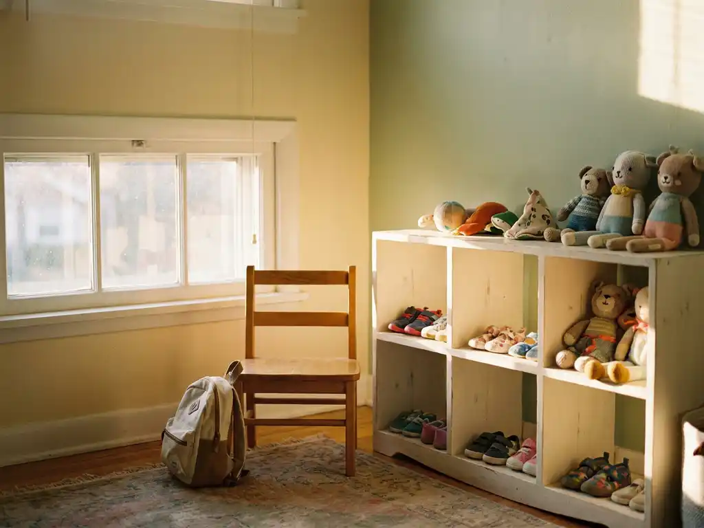 Kleine houten stoel en rugzakje naast een vrolijk kubusrek met kleurrijke peutersschoentjes en knuffels, warm goudkleurig licht in pastelkleurige kinderkamer.
