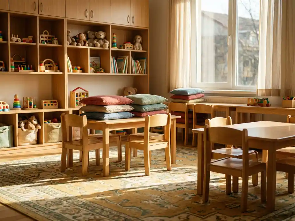 Lege peuterspeelzaal met houten tafeltjes, kleurrijke kussens en speelgoed in vakjes, warm middagzonlicht op vrolijk speelkleed.