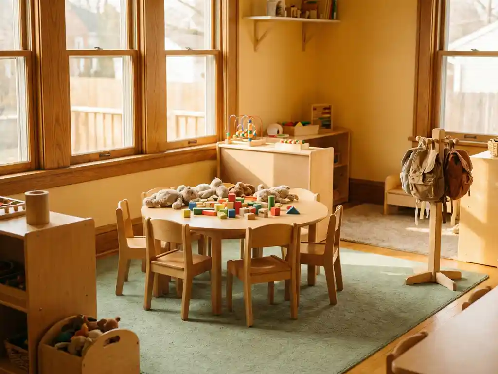 Gezellige peuteropvangkamer met houten stoeltjes, bouwblokken en pluchen speelgoed op een lage tafel, minirugtassen aan kapstok, warm middagzonlicht.