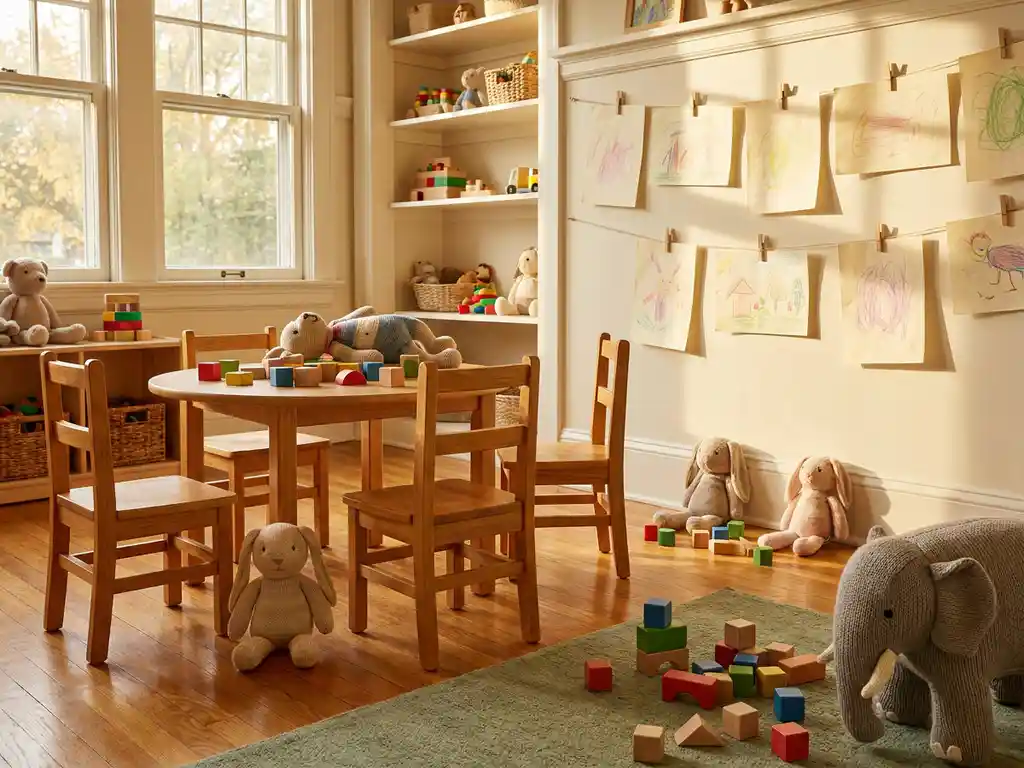 Gezellige peuterspeelzaalruimte met houten stoeltjes, kleurrijke blokken en knuffels op een warme eikenhouten vloer, pasteltekeningen aan de muur.