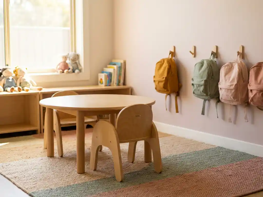 Gezellige peuterklashoek met houten stoeltjes aan een lage ronde tafel, kleurrijke rugzakjes aan pastelkleurige wandhaken en zacht ochtendlicht op een geweven speelkleed.