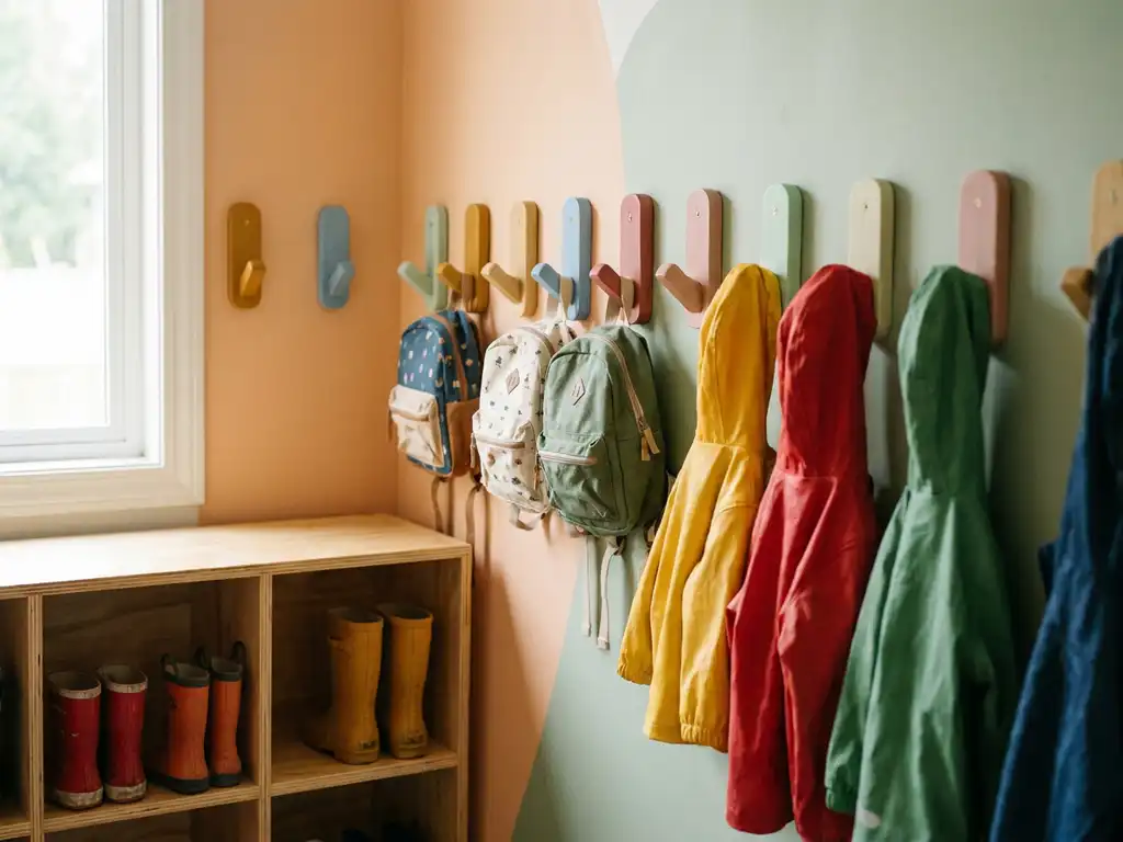 Kleurrijke houten kapstokhaakjes op pastelkleurige muur met kleine rugzakjes, regenjassen en rubberen laarzen in een kleuterklasgang.