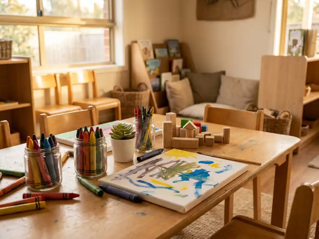 Lage houten kindertafel met kleurpotloden, halfafgemaakt schilderij en bouwblokken in een warme buitenschoolse opvangkamer.