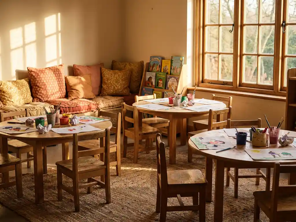 Naschoolse opvangruimte met houten stoeltjes, knutseltafels vol verf en tekeningen, leeshoek met kussens en prentenboeken in warm middagzonlicht.