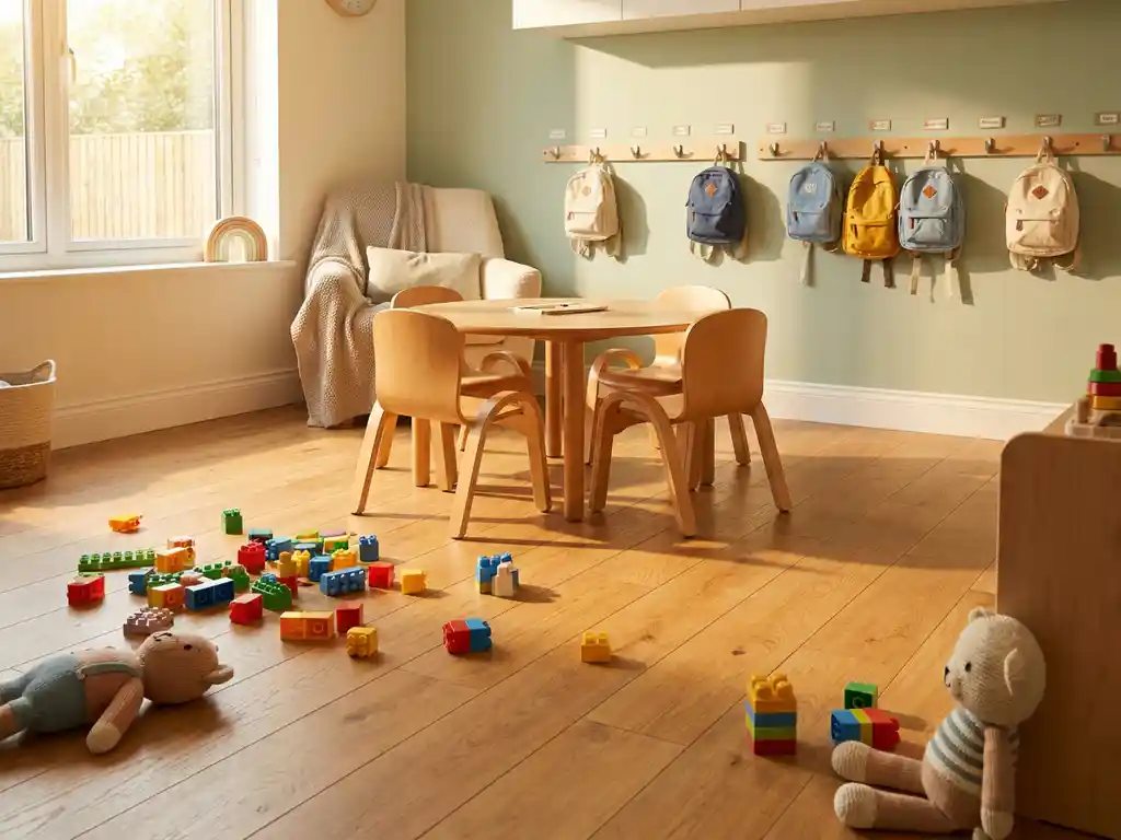 Gezellige peuterspeelzaalruimte met houten stoeltjes, kleurrijke blokken en pluchen speelgoed op eiken vloer in warm ochtendlicht.