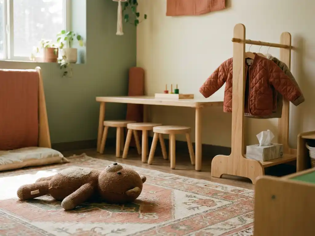 Gezellige peuteropvangkamer met houten stoeltjes, speelmat, pluchen knuffel en klein jasje aan kapstok in warme natuurlijke belichting.