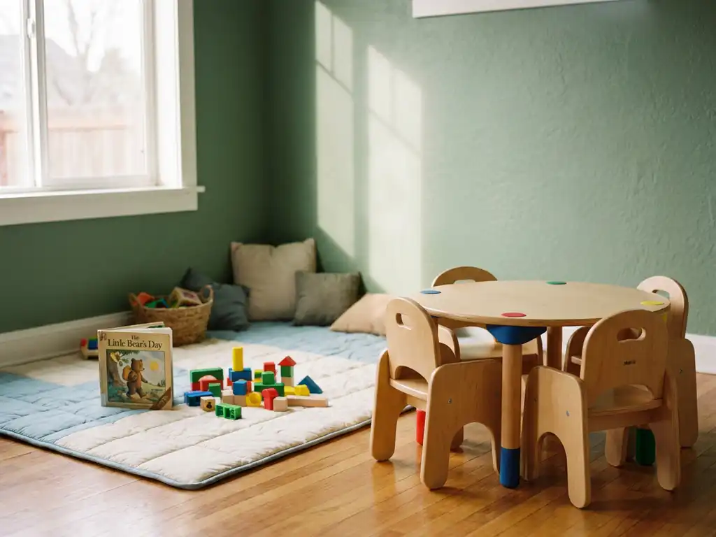 Gezellige peuterklashoek met houten stoeltjes, ronde tafel, kleurrijke blokken en prentenboek op speelmat in warm natuurlijk licht.