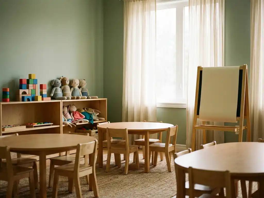 Lege peuterklasruimte met houten stoeltjes, kleurrijke blokken op eikenhouten planken en een kinderschildersezel bij een zonnig raam.