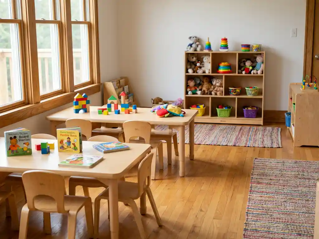 Lege peuterklasruimte met houten stoeltjes, kleurrijke blokken en prentenboeken op lage tafels, warm natuurlijk licht op eiken vloer.