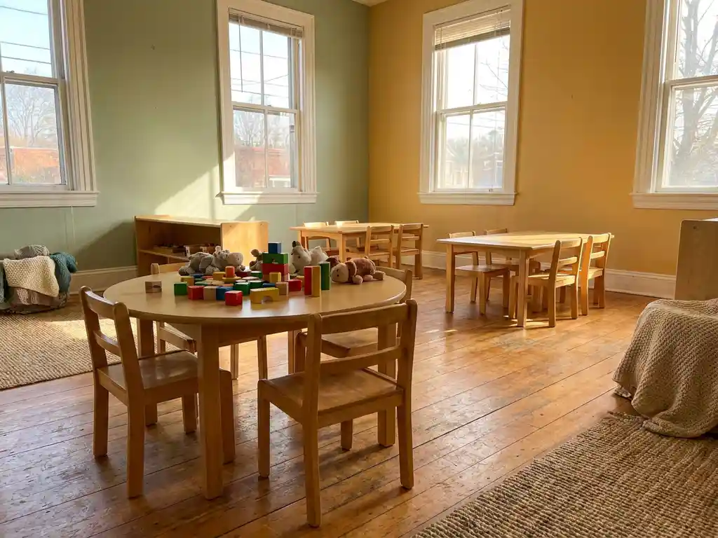 Lege peuterklasruimte met houten stoeltjes rond een ronde tafel vol kleurrijke blokken en knuffels, warm ochtendlicht door grote ramen.