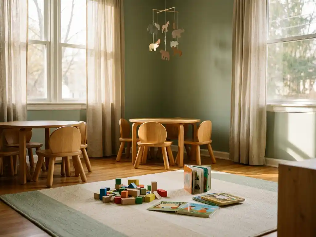 Gezellig peuterklasje met houten stoeltjes, kleurrijke blokken en prentenboeken op een speelmat, warm natuurlijk licht door grote ramen.