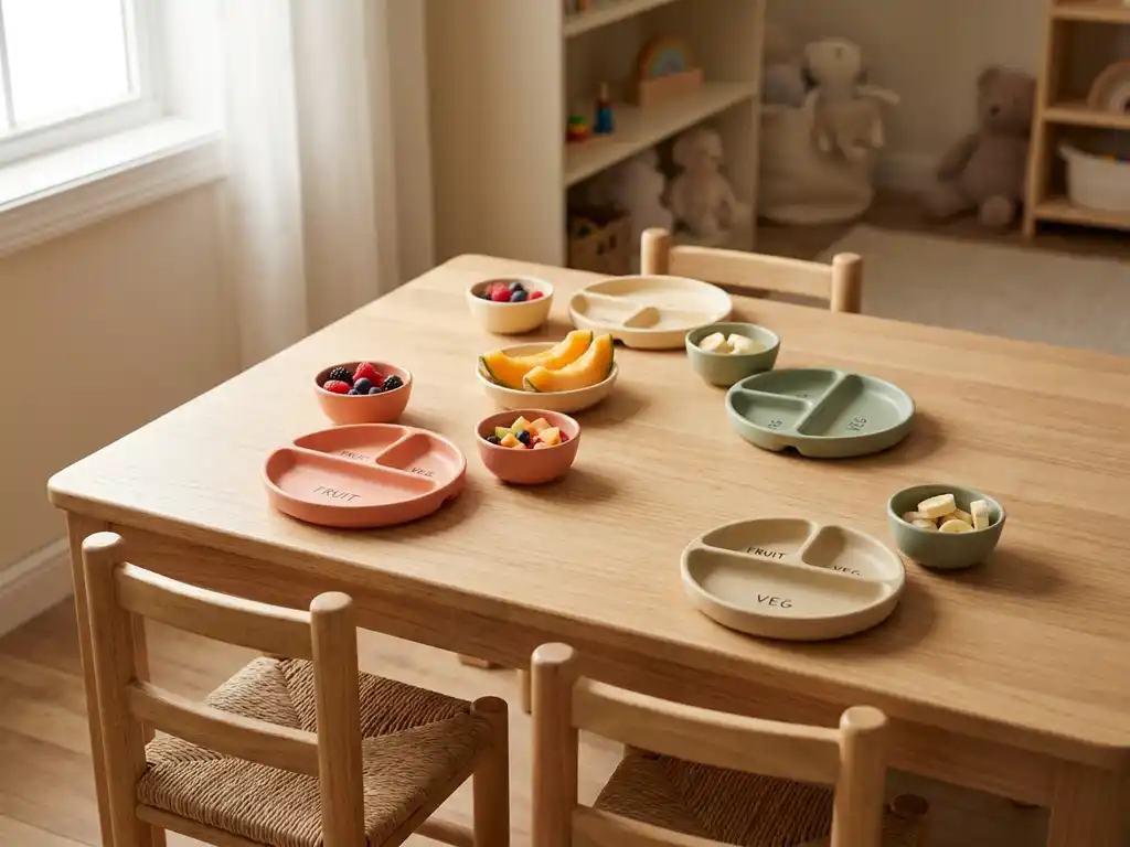 Kleurrijke peuterlunchtafel met allergeenvrije fruitschijfjes, verdeelde borden en kleine houten stoeltjes in pastelkleuren.