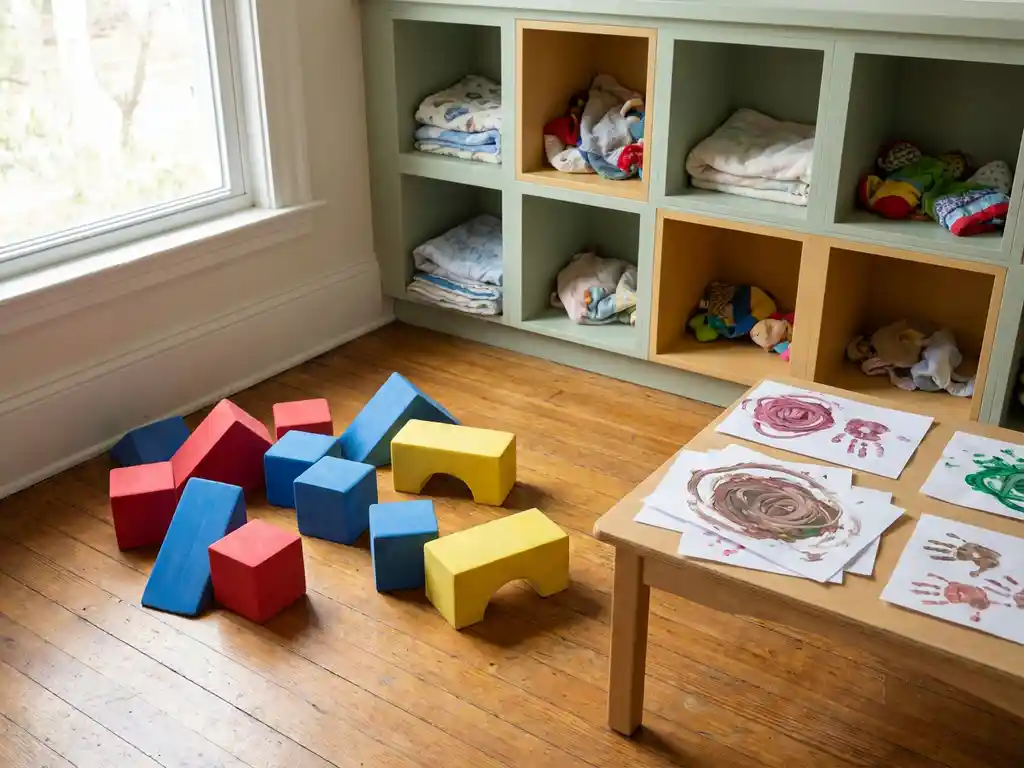 Kleurrijke schuimblokken op houten vloer in speelhoek voor peuters, met pastelkleurige vakjes en vingerverf kunstwerkjes op een laag tafeltje.