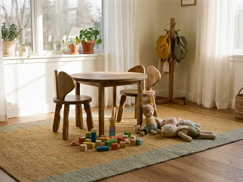 Gezellige peuterspeelkamer met houten stoeltjes, kleurrijke blokken en pluche speelgoed op een eiken vloer in warm middaglicht.