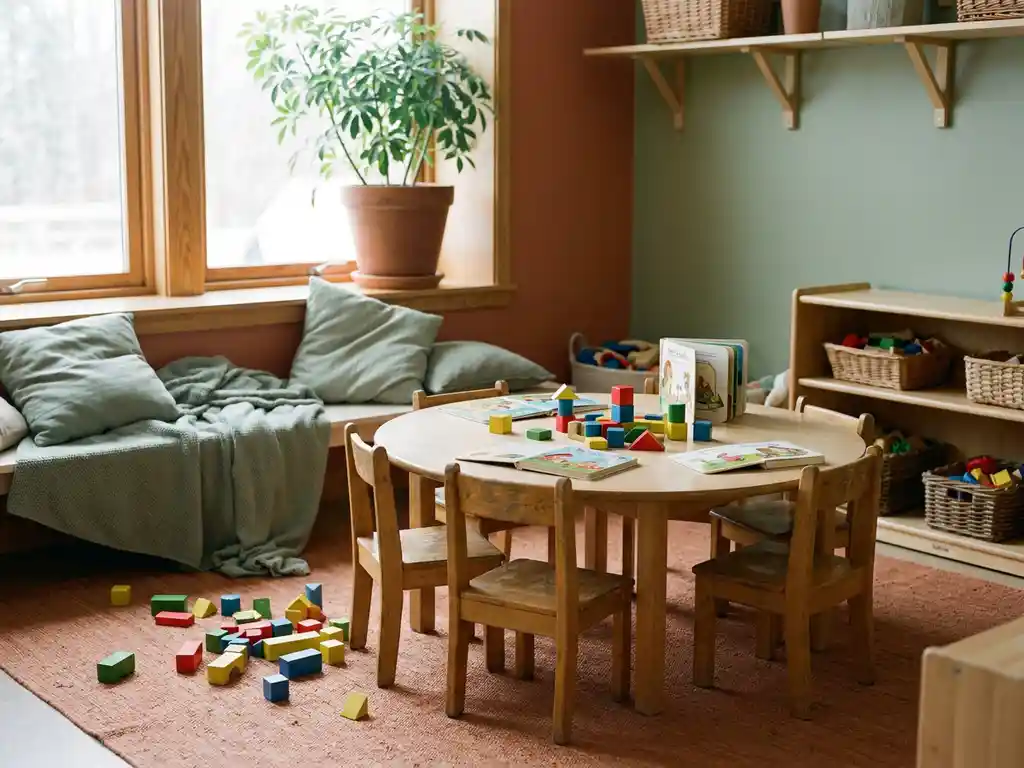 Houten kinderstoeltjes rond een lage ronde tafel met kleurrijke blokken en prentenboeken in een zonnige peuterklashoek.