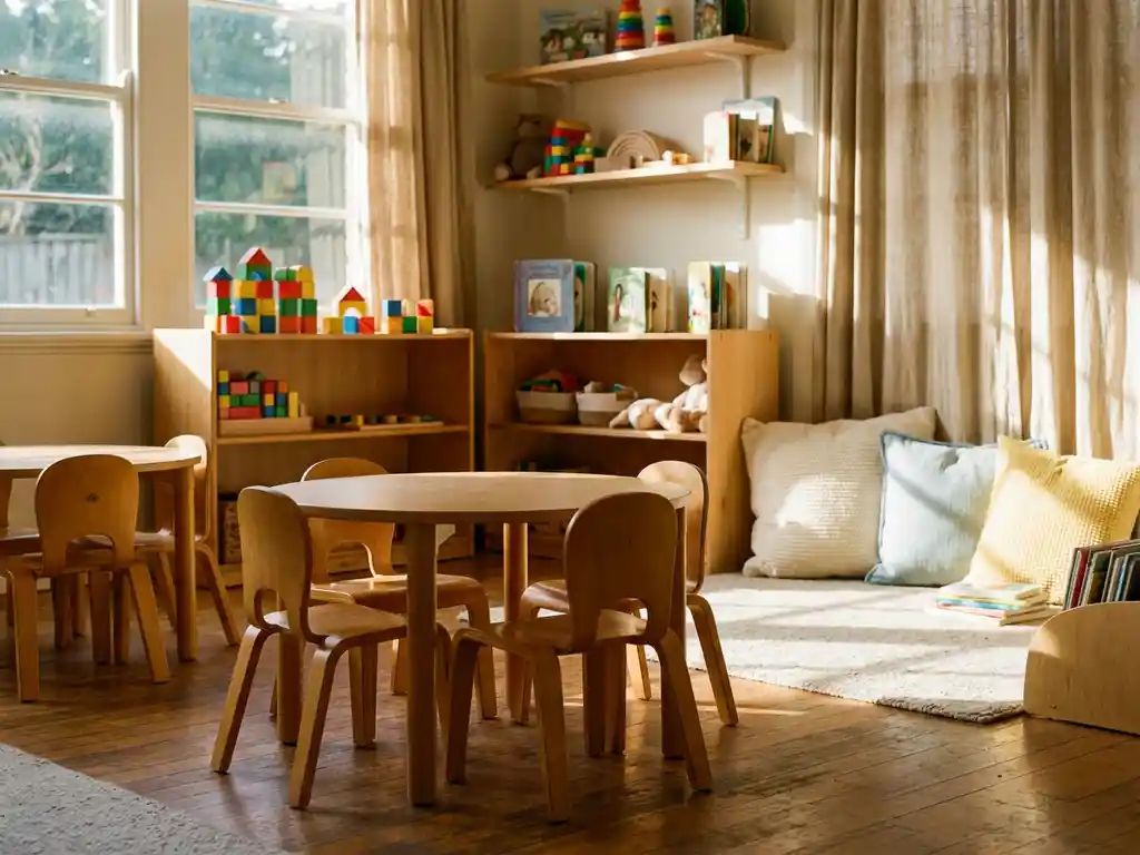 Zonnige peuterklas met houten stoeltjes rond lage tafels, kleurrijke blokken en prentenboeken op open planken, en een leeshoek met zachte kussens.
