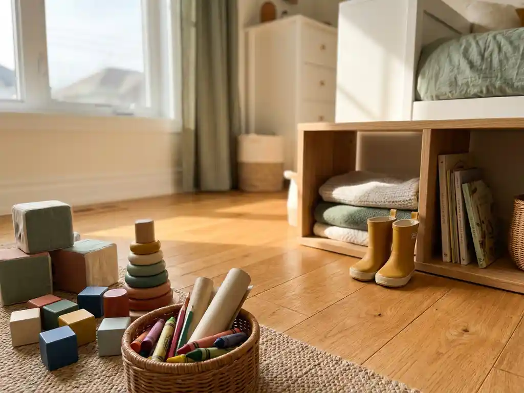 Kleurrijke speelhoek voor peuters met houten stapelspeelgoed, stoffen blokken en regenlaarzen naast een kubuskast op een eikenhouten vloer.