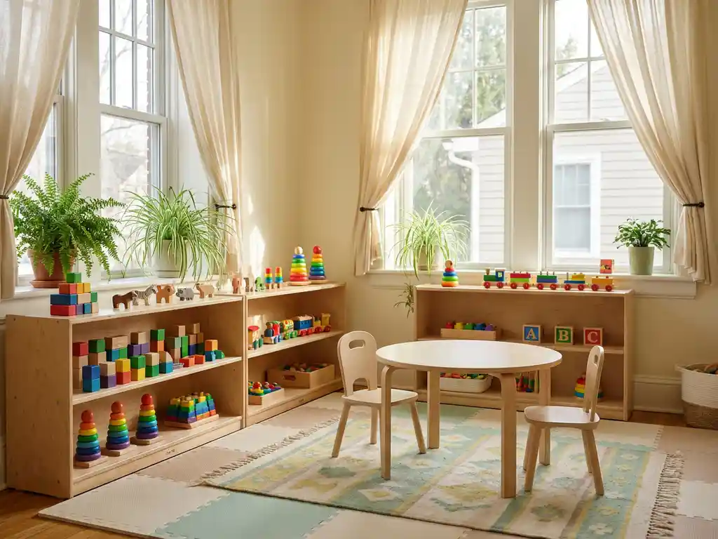 Lichte kinderspeelkamer met houten speelgoed op lage planken, pastelkleurige schuimmatten en een klein tafeltje met stoeltjes.