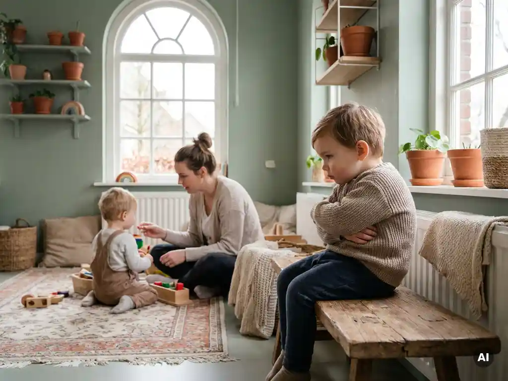 Kind zit met gekruiste armen op houten bank in Nederlandse kinderopvang, terwijl begeleider aandacht geeft aan peuter op de achtergrond.