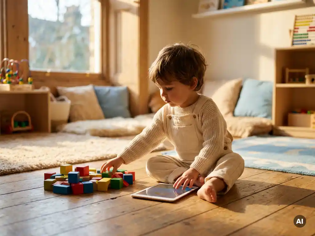 Jong kind op houten vloer dat tablet neerlegt en naar kleurrijke bouwblokken reikt in een gezellige speelkamer.