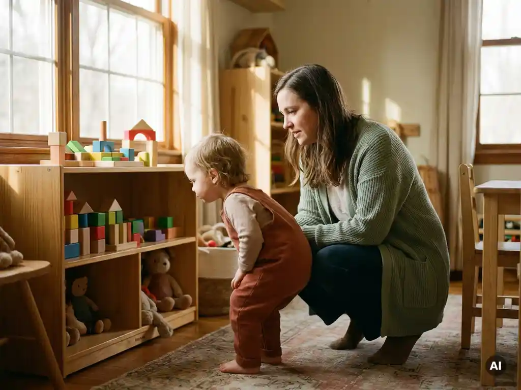 Kinderopvangprofessional op ooghoogte met teruggetrokken peuter naast onaangeroerd speelgoedbord in warme, zachtverlichtte speelkamer.